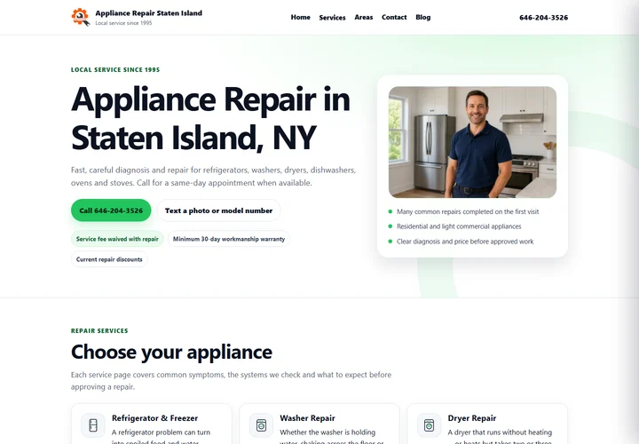 Главная страница Appliance Repair Staten Island из действующего портфолио SEOTEC.