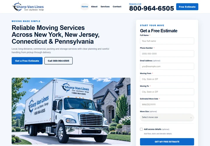 Главная страница Sharp Van Lines из действующего портфолио SEOTEC.